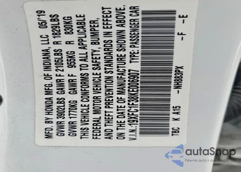 2019 Honda Civic Ex из США, поврежденный, VIN 19XFC1F38KE006907